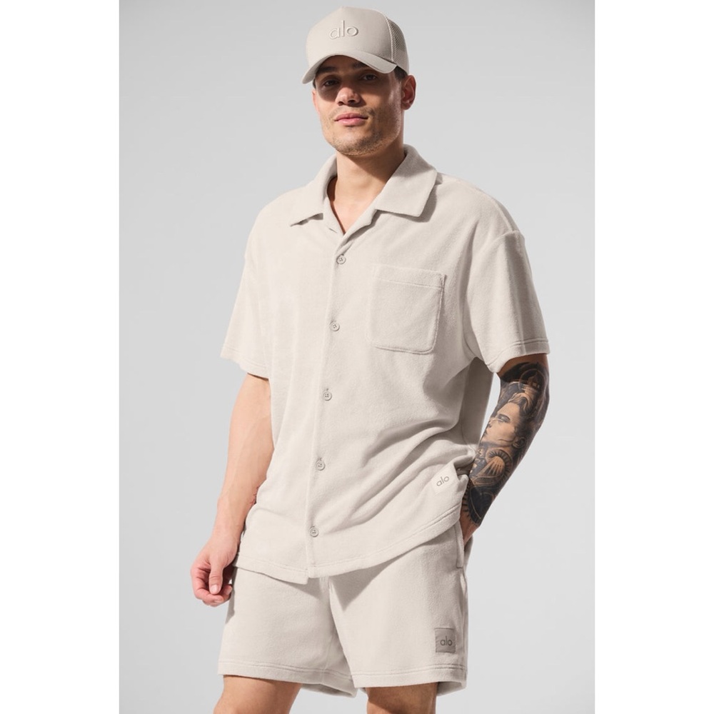 Alo Coastal Terry Button Up Shirt Mens L/XL Ivory Terrycloth Button Up Oversized